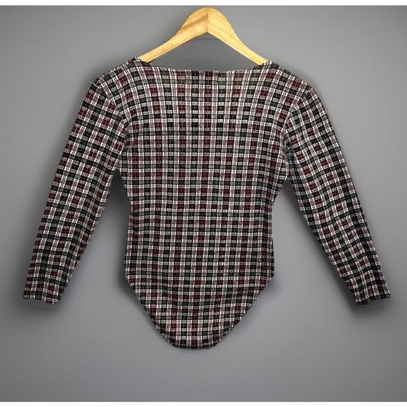 Vtg Miss Juli Bodysuit Top Leotard Purple Green Plaid Faux Pearl Buttons -Sz M - Picture 7 of 10